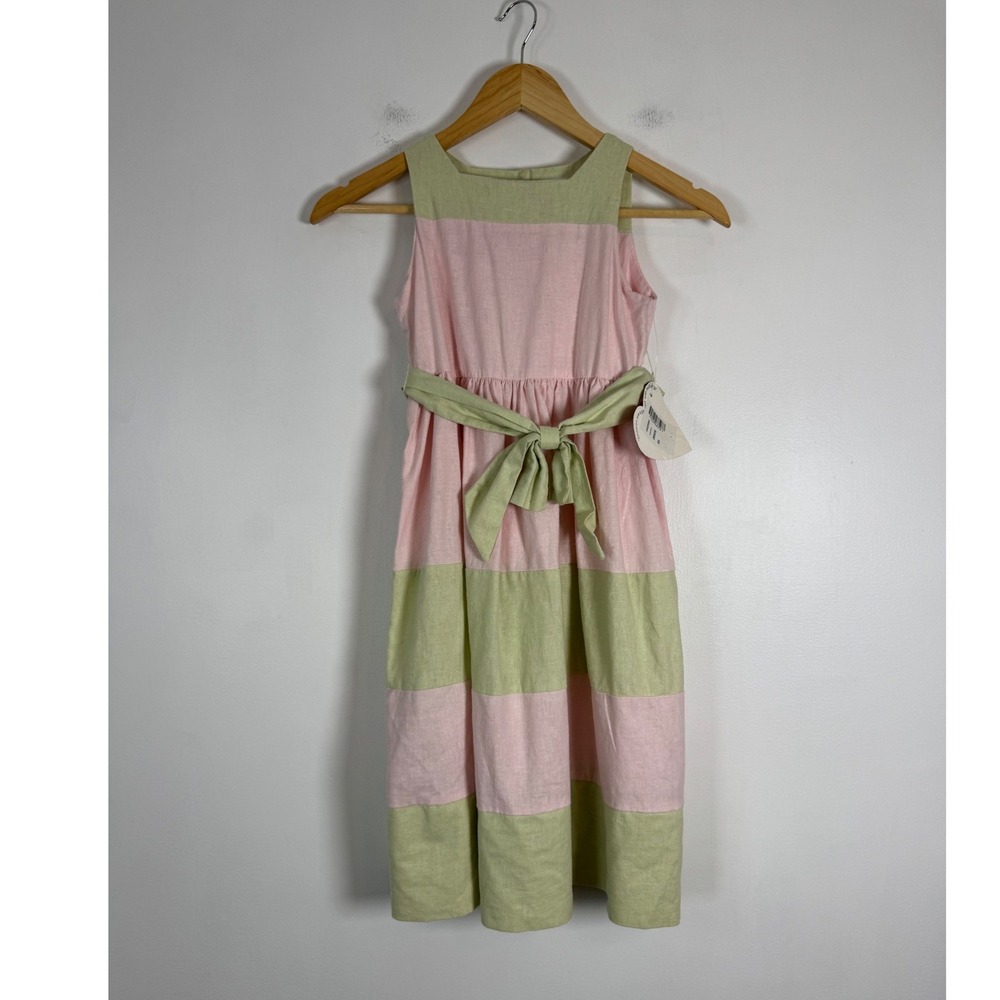 Cottagecore Hartstrings Girls 6X Striped Jumper Dress Pink Green Linen Blend NWT